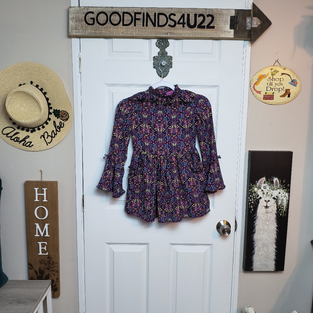 Artisan NY Girls Size 7 Floral Multi Dress Bell Sleeves Pockets Ruffle Neck